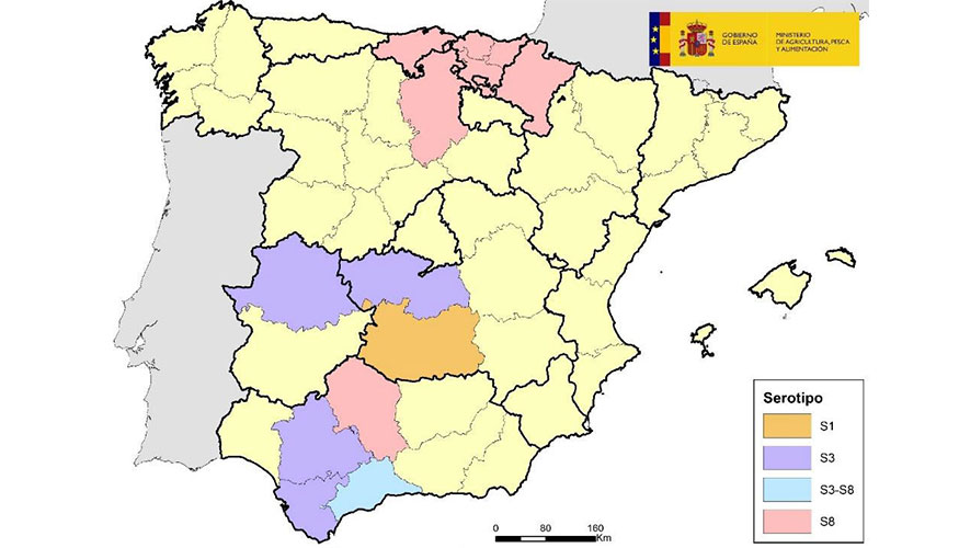 Mapa de las provincias en las que se ha confirmado la presencia de los diferentes serotipos de la lengua azul en la campaa 2024-25...