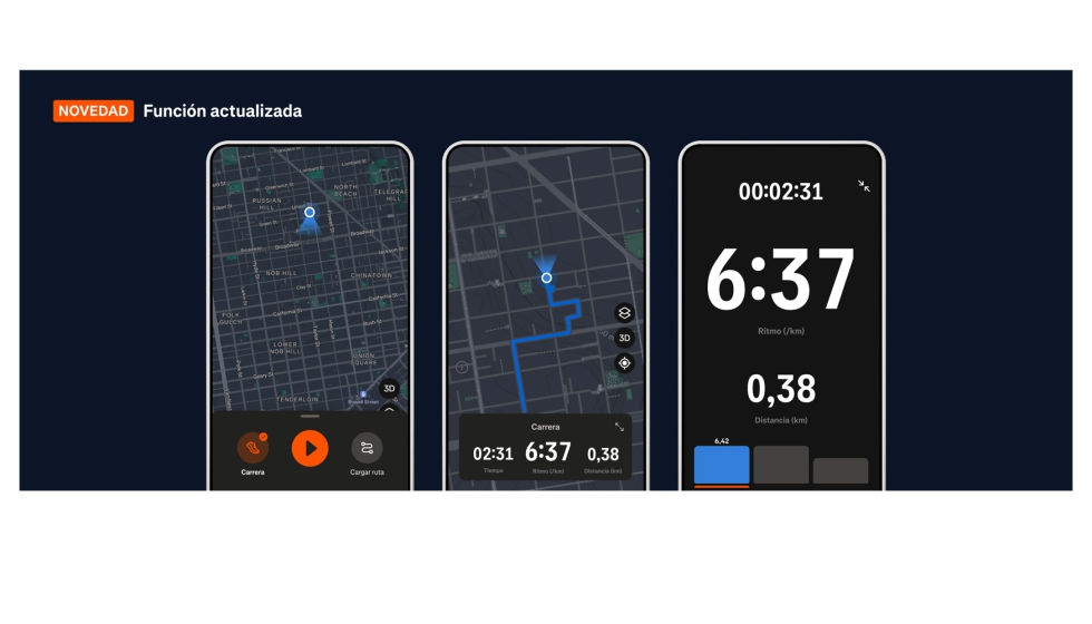 Nueva interfaz de grabacin de Strava con visualizacin simultnea de mapa y datos en tiempo real