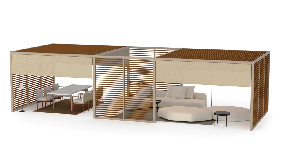 La serie de p�rgolas Flex incluye elementos que fomentan la interacci�n social y la colaboraci�n, como �reas de descanso y puntos de encuentro...