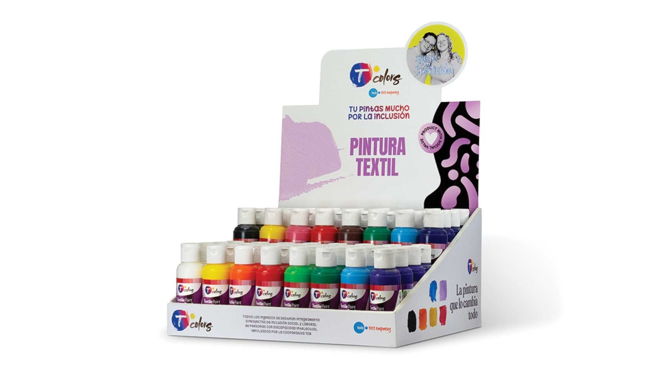 Display de la nueva gama de pintura textil, con 12 colores