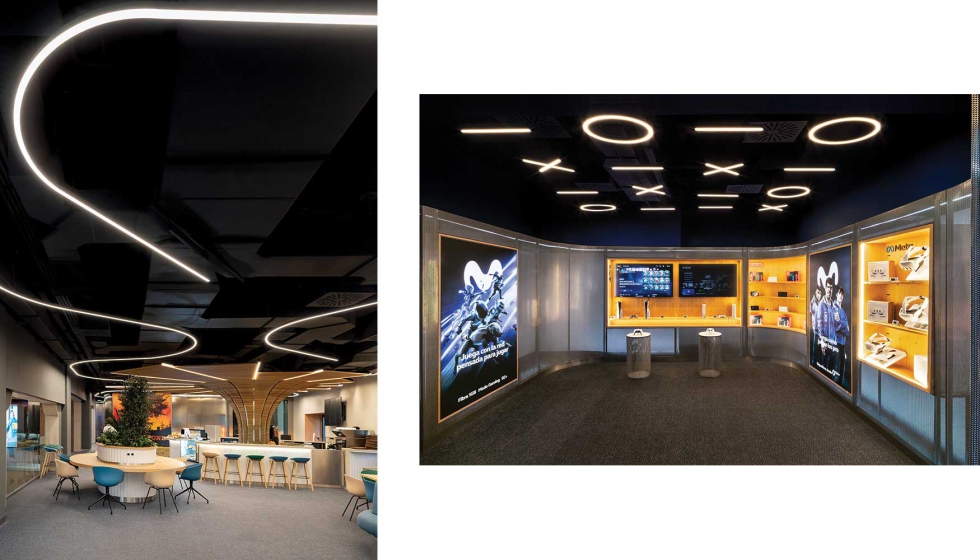 A la izquierda las luminarias curvas que coronan la zona de cafeter�a; ya la izquierda los s�mbolos caracter�sticos para la zona gaming...