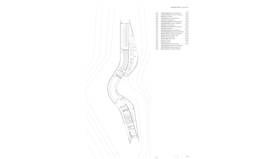 Plano de este edificio cuya volumetr�a curva se ha dise�ado por Fran Silvestre Arquitectes, inspirado por los trazados de la vid...