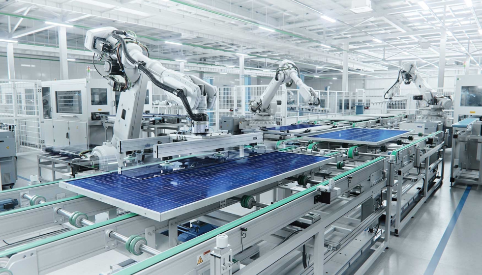 A produo de painis solares, como os que so fabricados nesta linha automatizada...