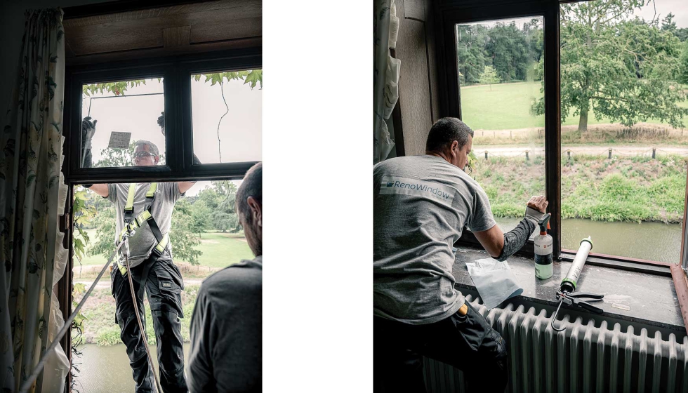 Instantes del proceso de instalaci�n de los vidrios aistalantes al vac�o Fineo, de AGC, en el castillo Wynendaele