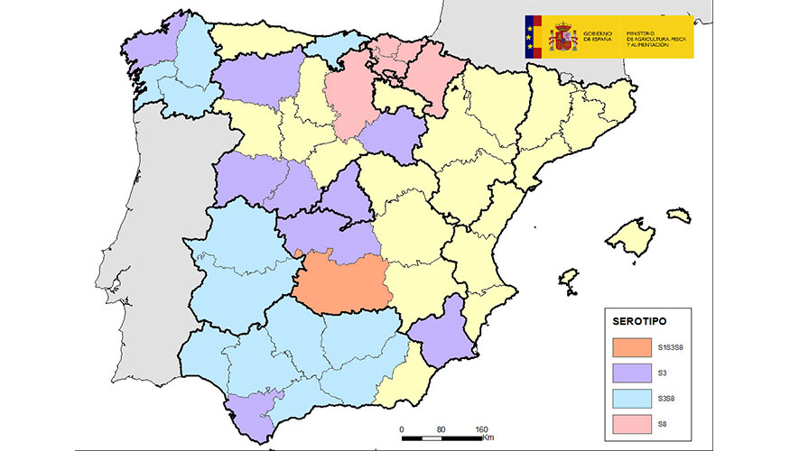 Mapa de presencia de los serotipos de la lengua azul en las diferentes provincias espaolas