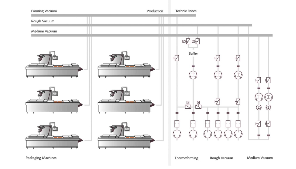 Sistema de vaco centralizado para 30 lneas de envasado con mquinas de envasado de termoformado
