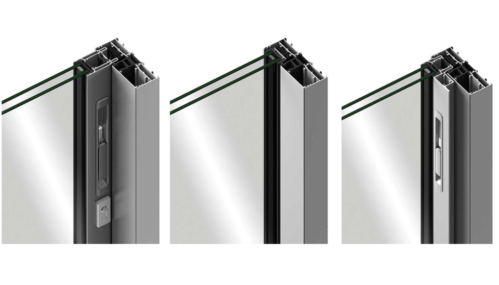 Detalles del sistema STRUGAL S140 Infinity con hoja multipunto (izquierda) , hoja oculta ( centro) y hoja reducida (derecha), con marco de embutir...