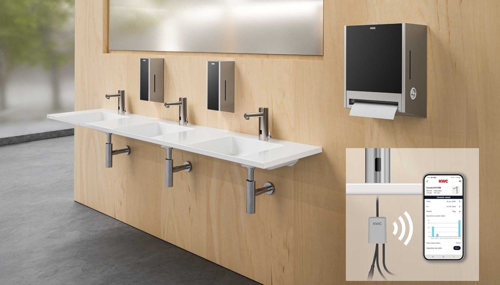 La aplicaci�n asociada, KWC Smart Connect, permite adem�s la gesti�n de las v�lvulas de pie electr�nicas F7 y de la grifer�a mural F5...