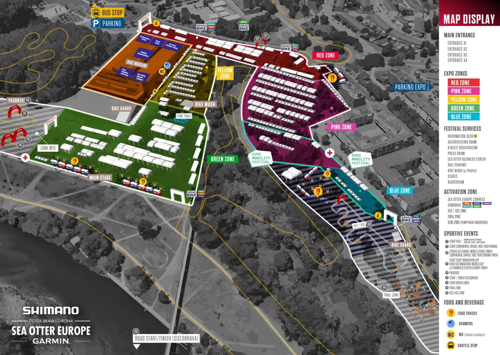Mapa del espacio expositivo. Tambin se ven las salidas de las pruebas deportivas
