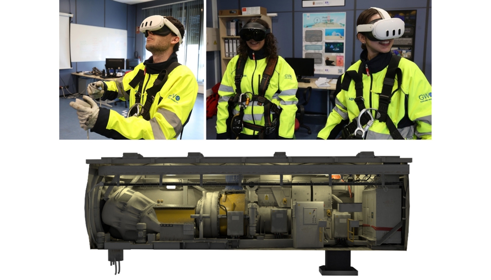 Foto 6. Usuarios probando el simulador de aerogenerador del proyecto REMAR y su modelo 3D