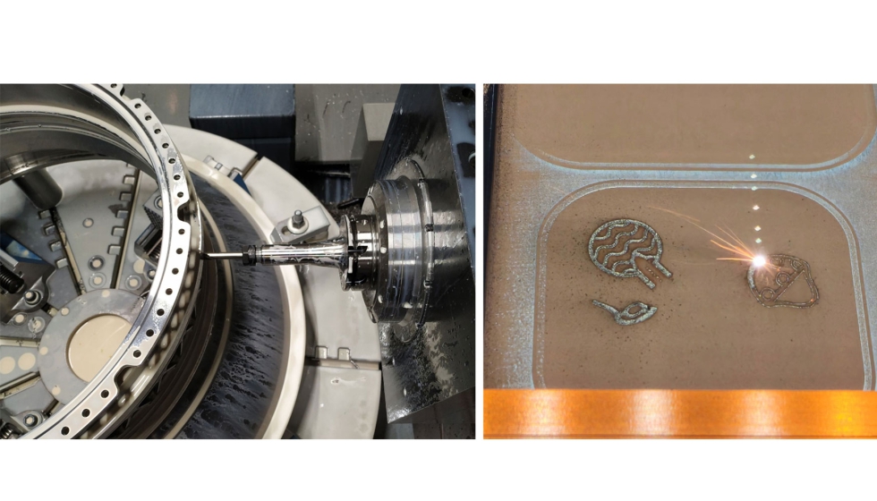 Figura 3. Izq., fresado de precisin en el CFAA. Dcha., fabricacin de pieza de cobre mediante SLM con lser infrarrojo en el CFAA...
