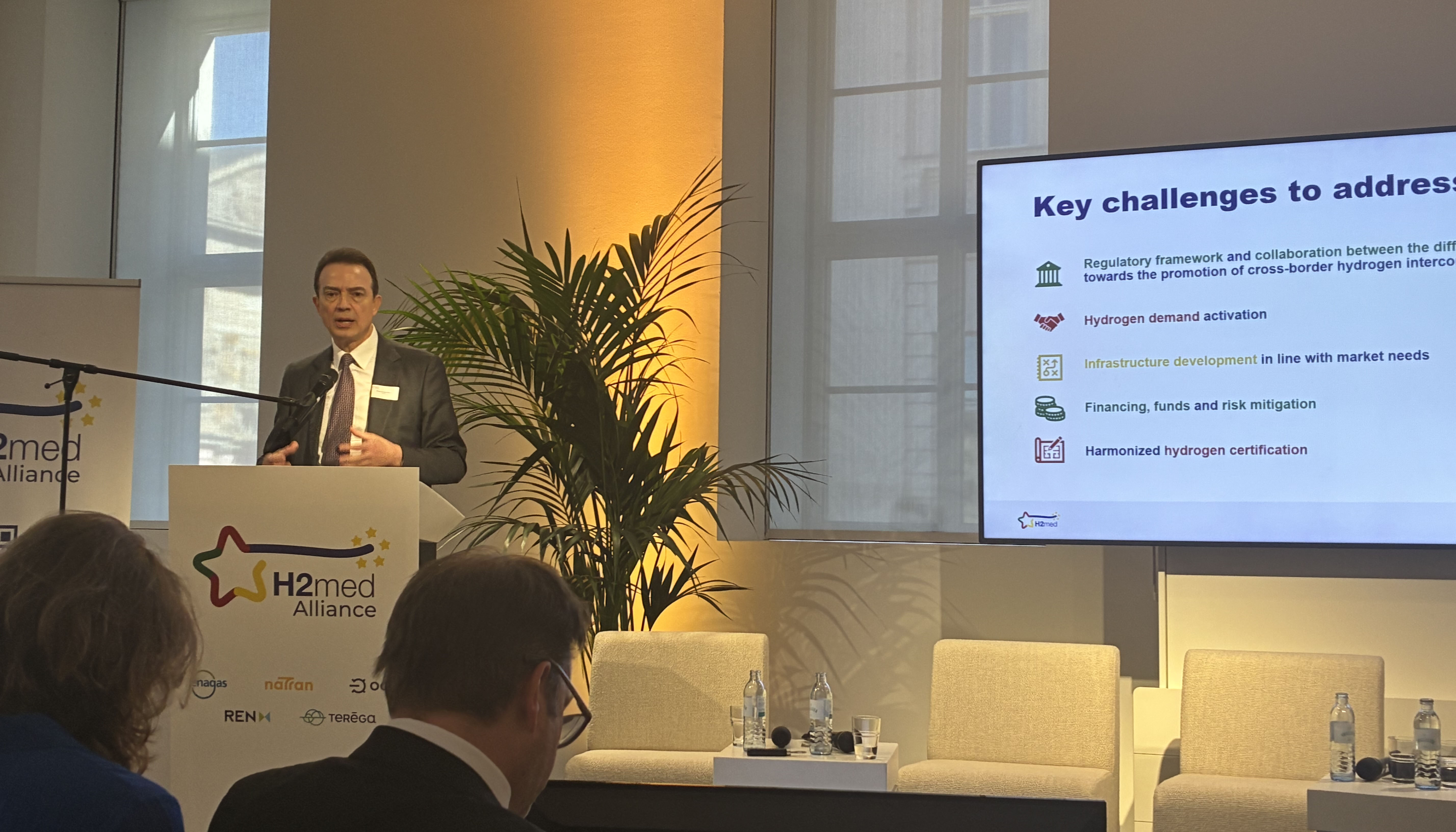 El consejero delegado de Enags, Arturo Gonzalo Aizpiri, durante su intervencin en el evento de la Alianza H2med en Berln...