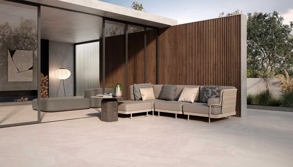 Terraza exterior minimalista y colores c�lidos con la colecci�n Silea de Karaben