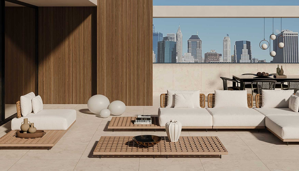 Terraza exterior minimalista con dise�o vanguardista. Colecci�n Tar�n de la firma Metropol