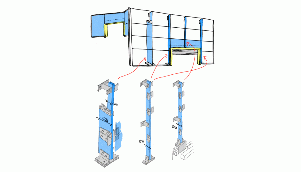 Figura 4: sketch interno Bellapart. Indicando en azul elementos nuevos