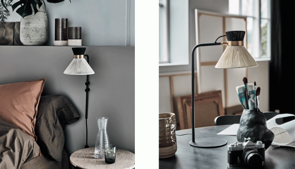 Pantalla textil con una estructura met�lica en hierro y detalles en acabado lat�n