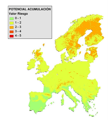 Figura 1: Mapa de riesgo potencial de acumulacin de antibiticos en los suelos de la Unin Europea