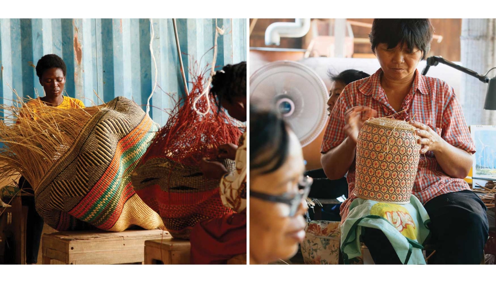 Dos instantneas del proceso de produccin de las pantallas de PET Lamp que ponen en valor la artesana