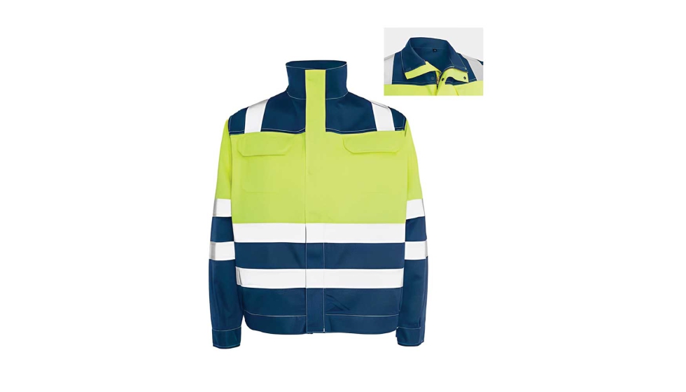 Cazadora bicolor Suer 2, alta visibilidad y ATEX y detalle del cuello