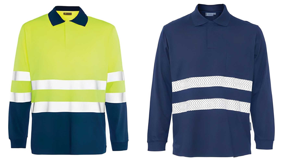 A la izq., polo de manga larga Bori 5, alta visibilidad y ATEX. A la dcha...