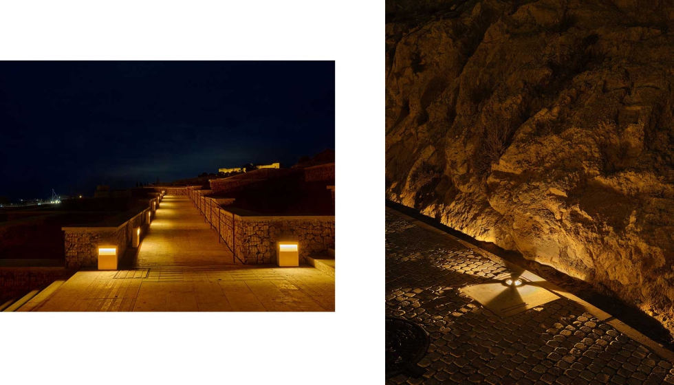 Soluciones de Linea Light en el recorrido por el cerro (izquierda); Detalle de los empotrados de suelo Orma Blade que utilizan una �ptica especial en...