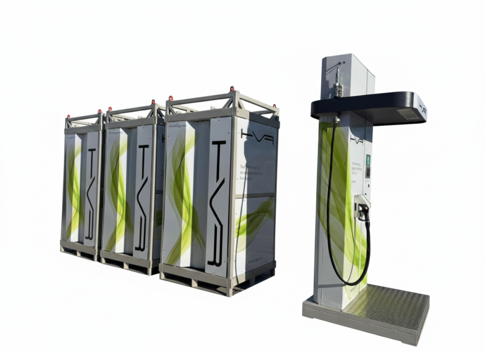 El modelo de estacin de servicio INICIA de HVR Energy, ideado para dispensdar hidrgreno a 350 bar, puede operarse sin compresor in situ...