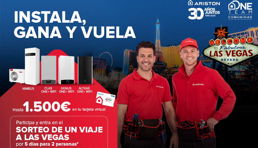 Cartel de la promoci�n de invierno &quote;Instala, Gana y Vuela� de Ariston, dirigida a instaladores profesionales
