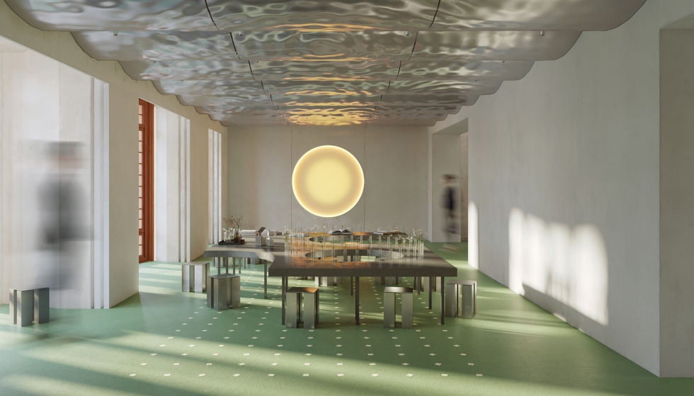 Mesura respeta la arquitectura del espacio destacando un techo curvo metlico contemporneo para dotar al espacio de una identidad nica...