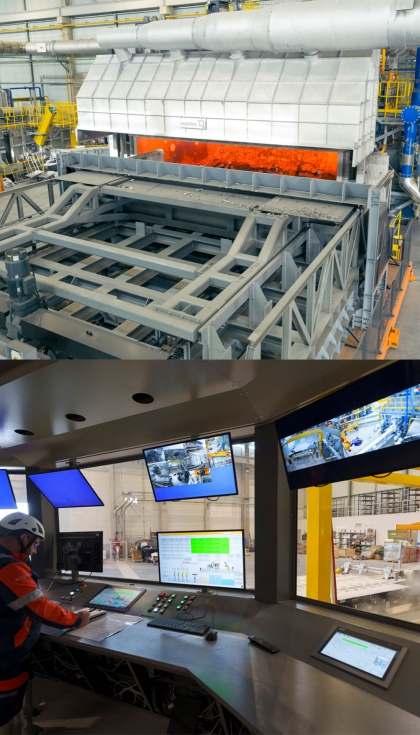 Carga automtica del horno de fusin (izquierda) y zona de control de este proceso