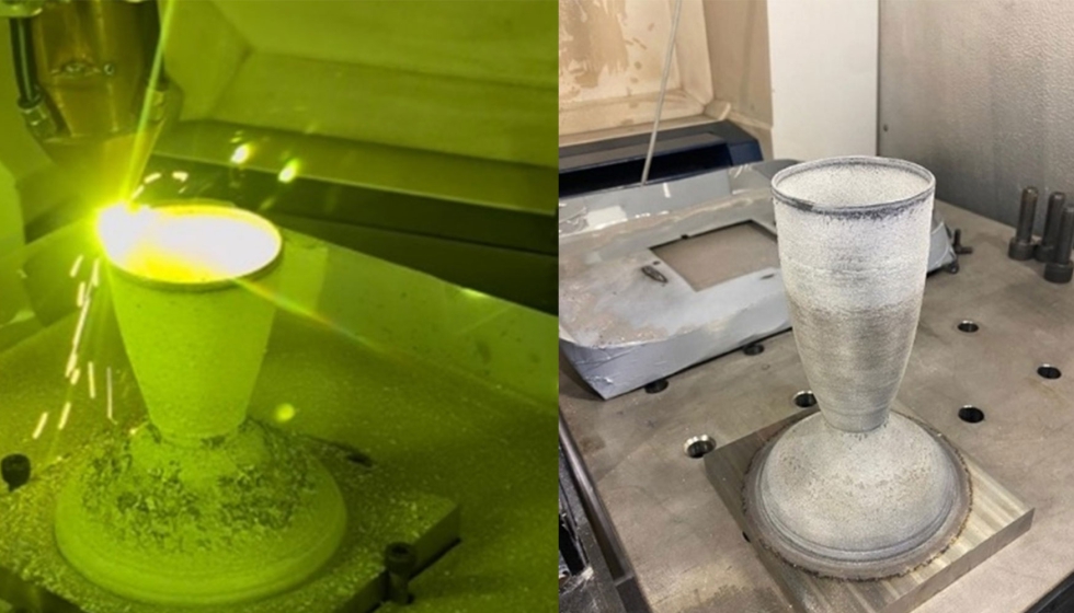 Figura 6: Tobera de propulsin supersnica fabricada mediante DED en C-103 (aleacin de Niobio para alta temperatura). Proceso de fabricacin (izq...