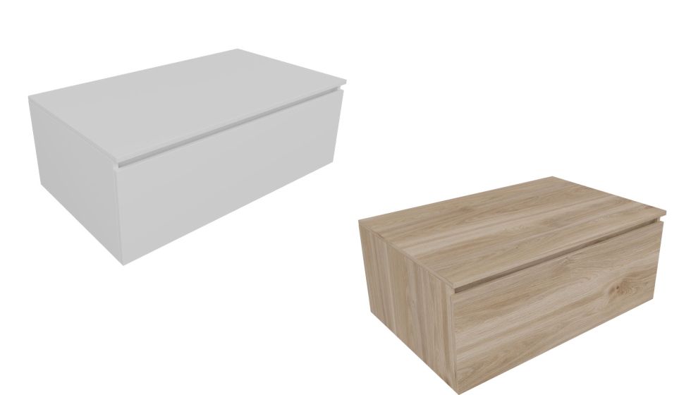 El mueble est disponible en tres anchos 60, 80 y 100 cm y en dos acabados: Madera Natural y Blanco Mate