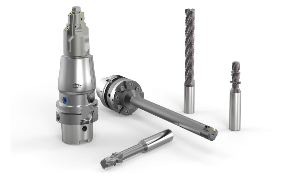 Cinco herramientas �en lugar de las siete utilizadas anteriormente� para el mecanizado de los agujeros del carrete...