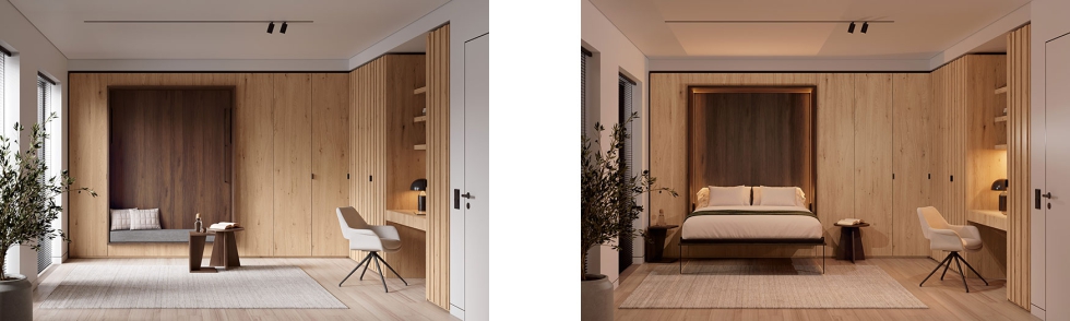 La versatilidad del diseo se evidencia al transformar la la estancia funciona como despacho domstico en zona de relax con banqueta en una cama...