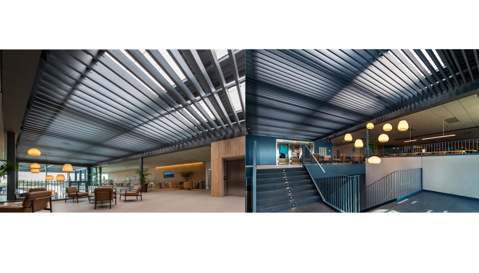 En el hall interior, el diseo contina con Celosas R4-200 fijas con una inclinacin de 90...