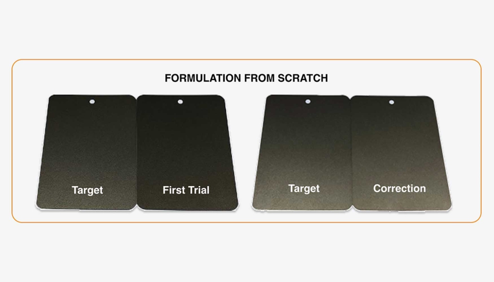 Imagen 7: Primera muestra objetivo y primer ensayo basados en pigmentos seleccionados automticamente y formulacin desde cero...