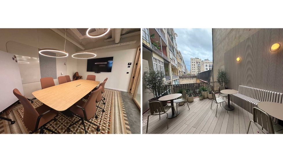 A la izquierda una de las salas de reuniones comunitarias; y a la derecha la terraza equipada para fomentar el sentimiento de comunidad en este...