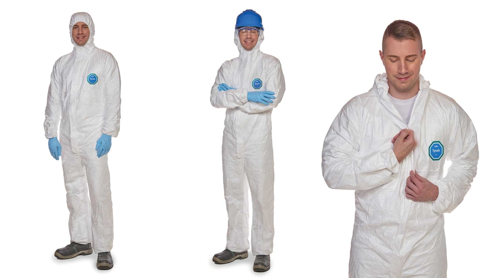 La etiqueta del pecho con un borde verde azulado distingue al Tyvek 500 Xpert BioCircle, que tambin lleva una etiqueta ISCC PLUS en su embalaje...