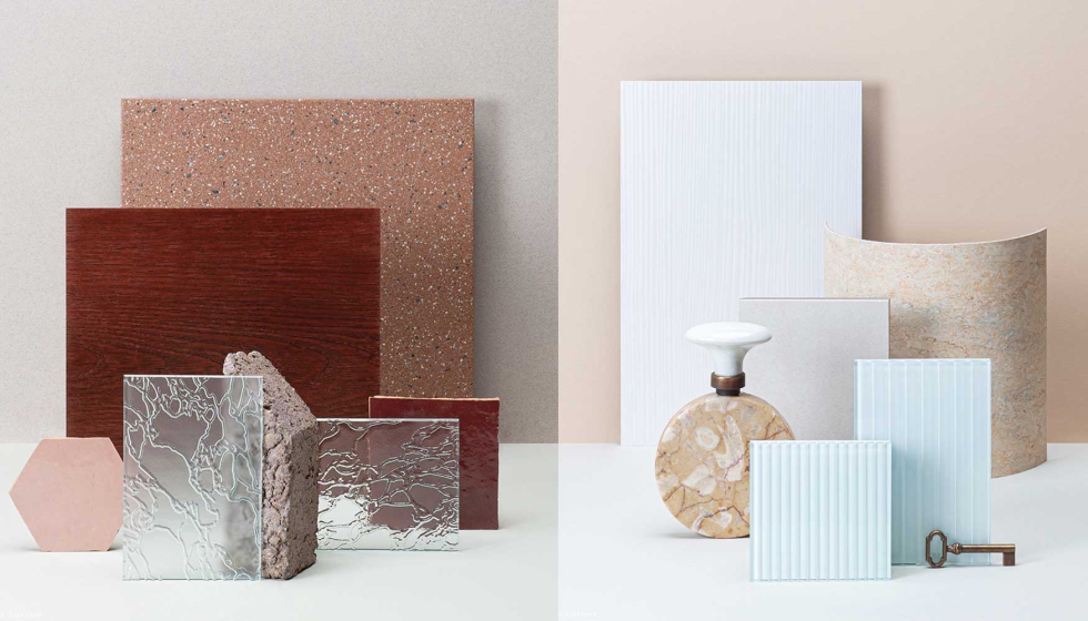 A la izquierda, Vidrio Imagin Delta y Delta Mate; a la derecha, vidrio decorativo Imagin Lacado