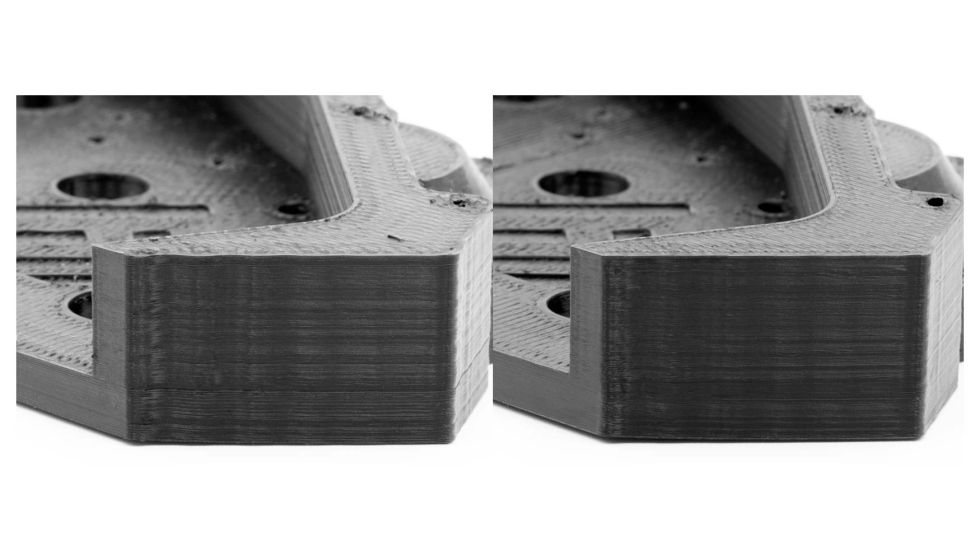 Calidad de componentes superior: imagen comparativa de una pieza con High Performance Upgrade y otra sin High Performance Upgrade de AIM3D...