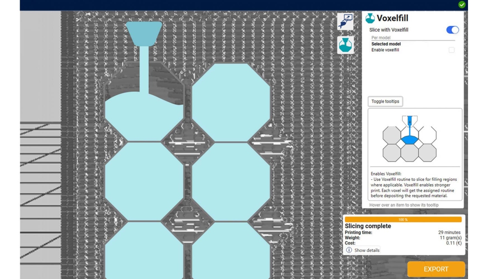 Representacin del principio Voxelfill para reforzar y aumentar los valores de resistencia a la traccin en los ejes X, Y y Z de las piezas 3D...
