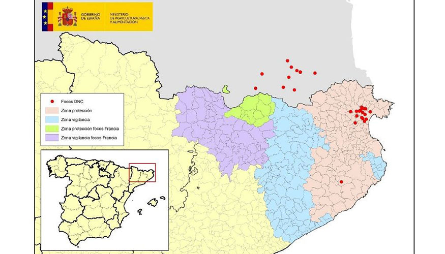 Localizacin de los focos de dermatosis nodular contagiosa en Catalua y en el departamento francs de Pirineos Orientales...
