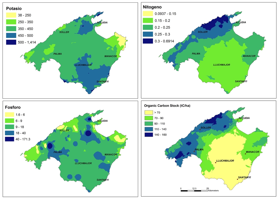 Figura 1. Mapas de distribuci�n de nutrientes y carbono org�nico del suelo en la isla de Mallorca