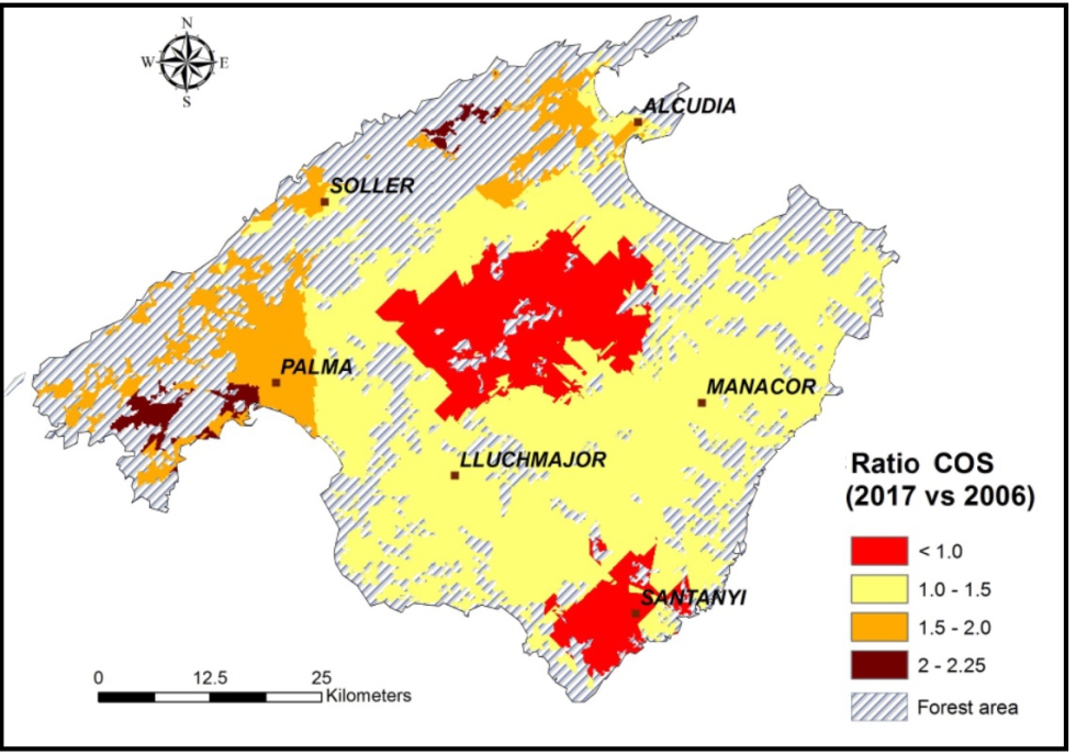 Figura 2. Mapa de variaci�n del stock de carbono en las zonas agr�colas de la isla de Mallorca entre los a�os 2006 y 2017...