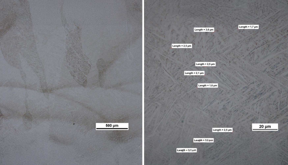 Zona de la muestra de Ti6Al4V grado 23, observada a 50 X (izquierda) y 1...