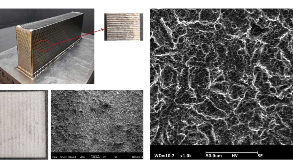 Bloque fabricado en Prototipo Atila Ti6Al4V G23, superficie arenada abajo a la izquierda y despus de varios tratamientos superficiales a la derecha...