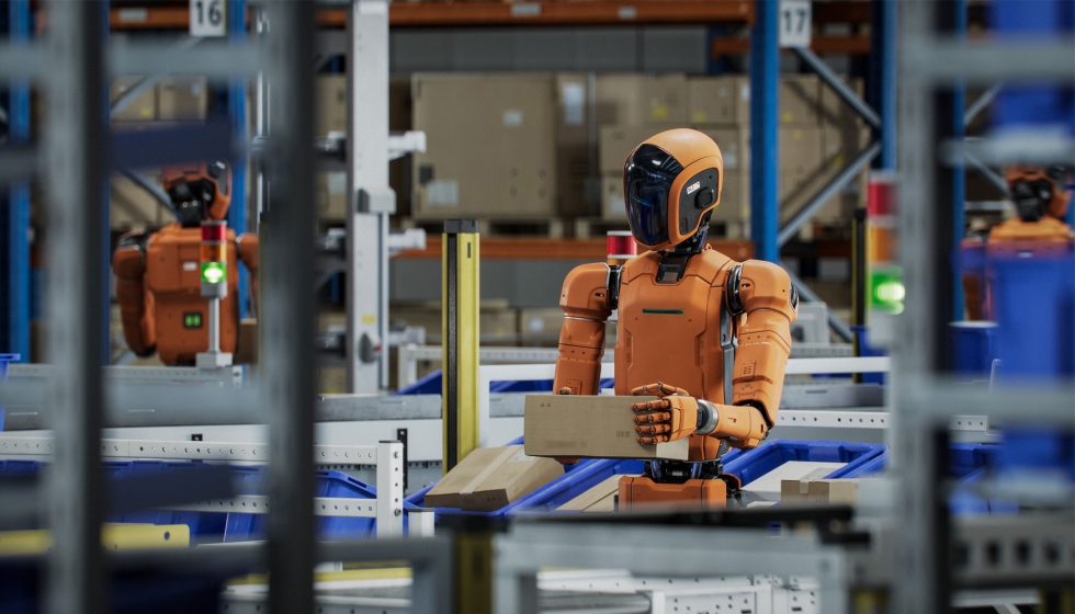 Rob humanoide num ambiente de armazm, a executar tarefas de manuseamento de caixas