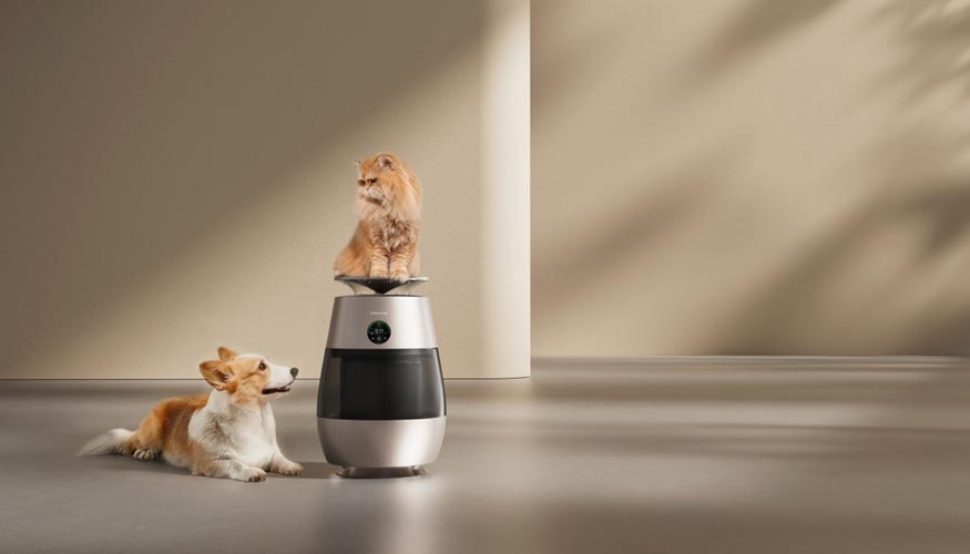 El purificador de aire AP10 captura activamente el pelo de las mascotas en suspensin