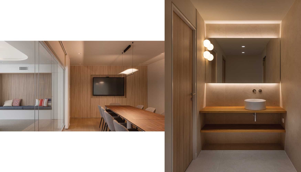 En las �reas operativas y de circulaci�n se emplea revestimiento vin�lico tejido (Bolon) por su resistencia y est�tica contempor�nea...