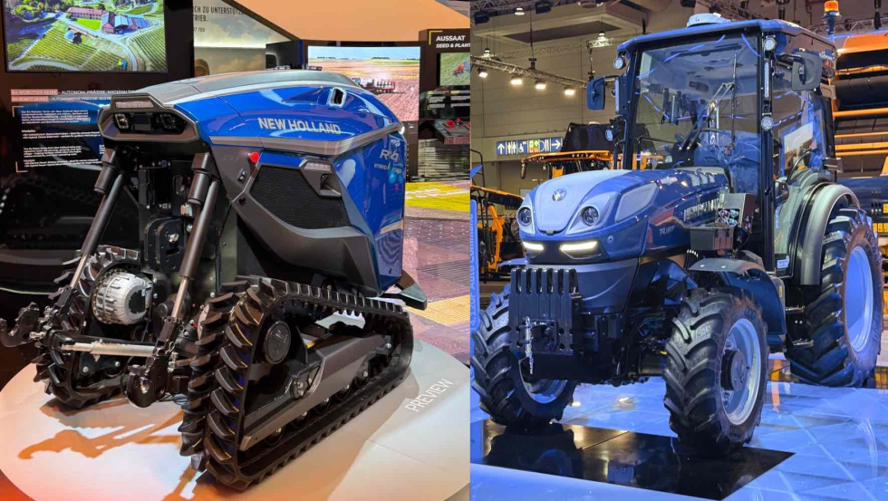 Robot R4 y tractor T4F.120F Auto Command en el stand de New Holland en Agritechnica 2025