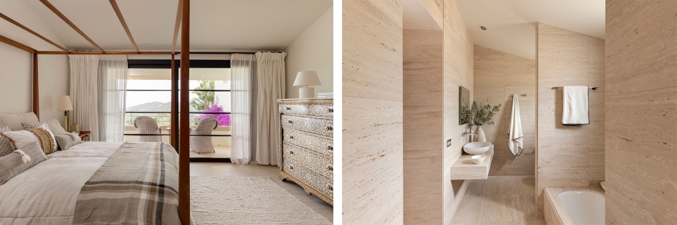 Una de las dos habitaciones situadas en la casa de invitados con el ba�o en tonos naturales para conferir al conjunto de un ambiente acogedor...